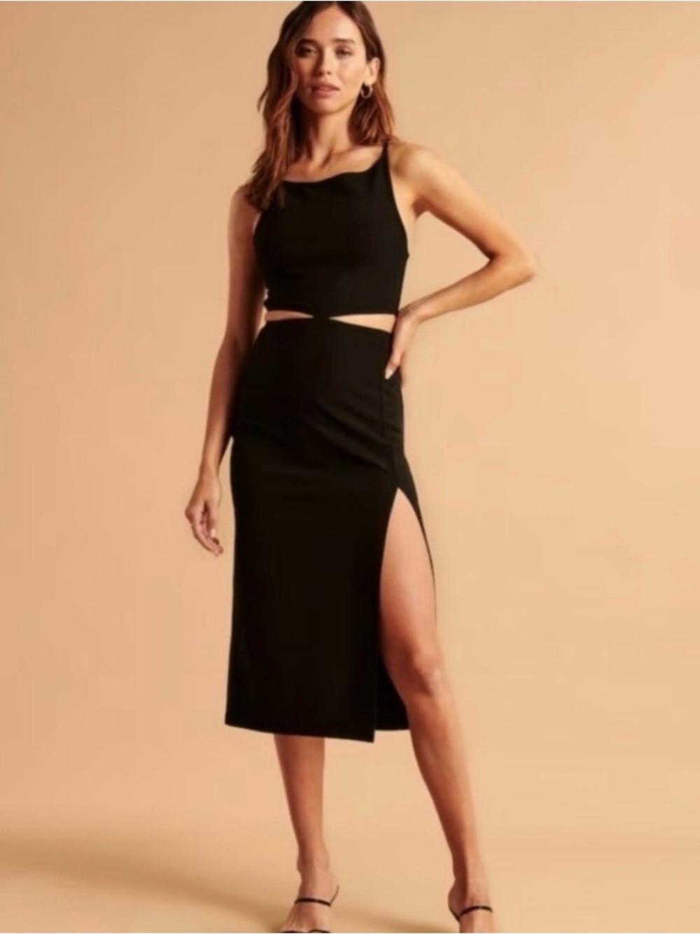 Abercrombie & Fitch Black Boat Neck Cutout Midi Dress with High Thigh Slit